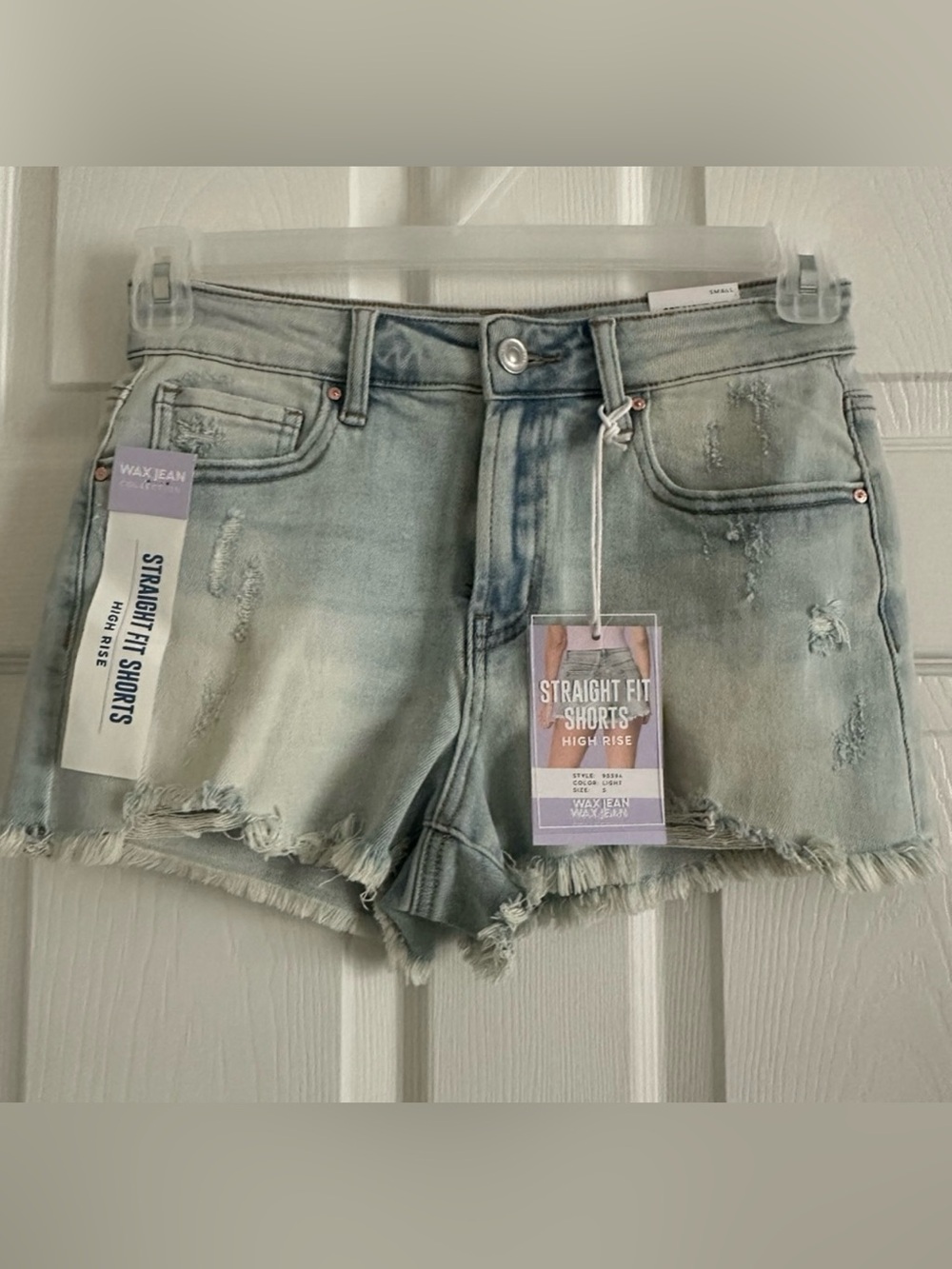 Wax Jean Women's High-Rise Straight Fit Distressed Denim Shorts - Light Blue